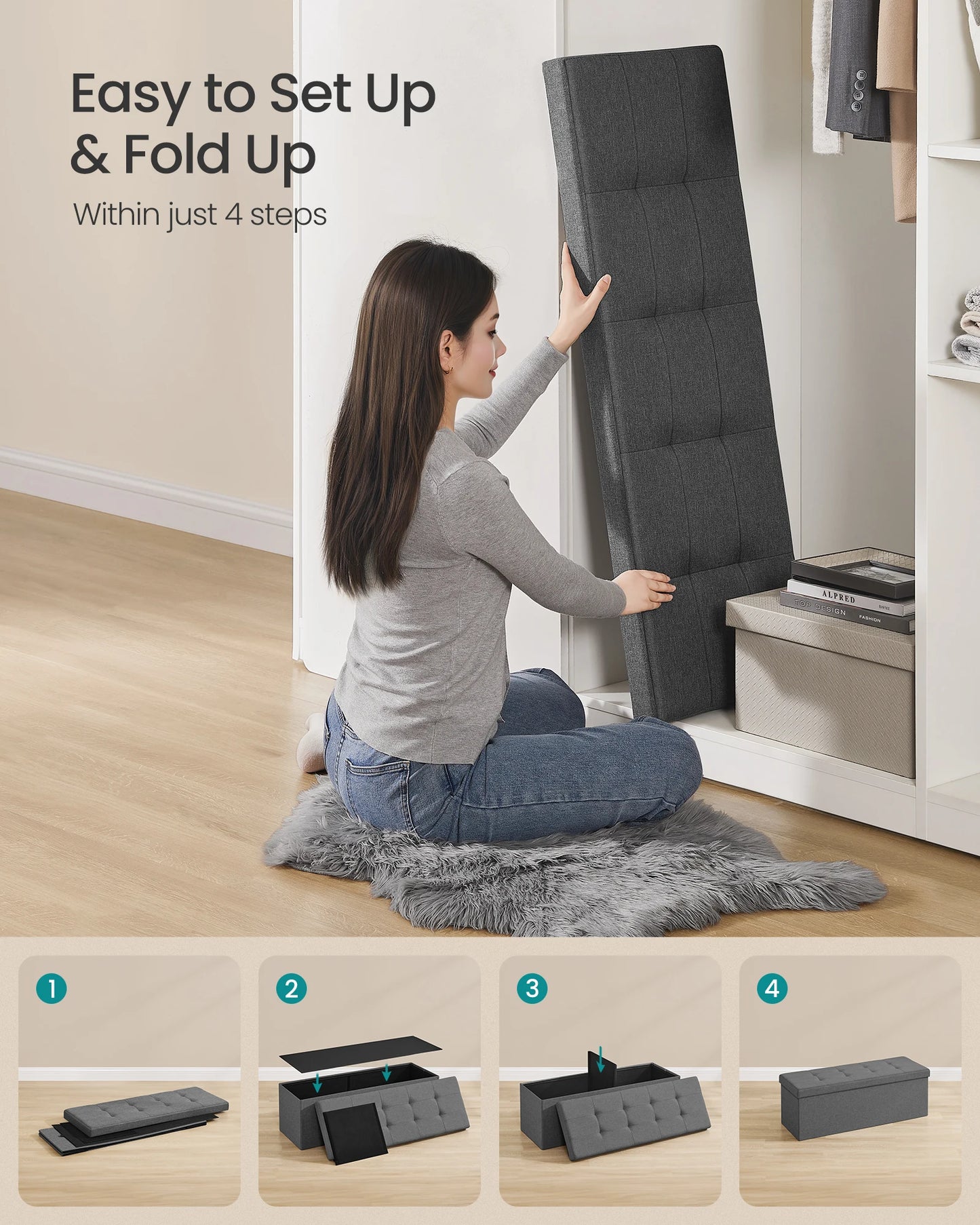 Ljustra Folding Storage Ottoman Bench 43 Inch Modern Home Furniture