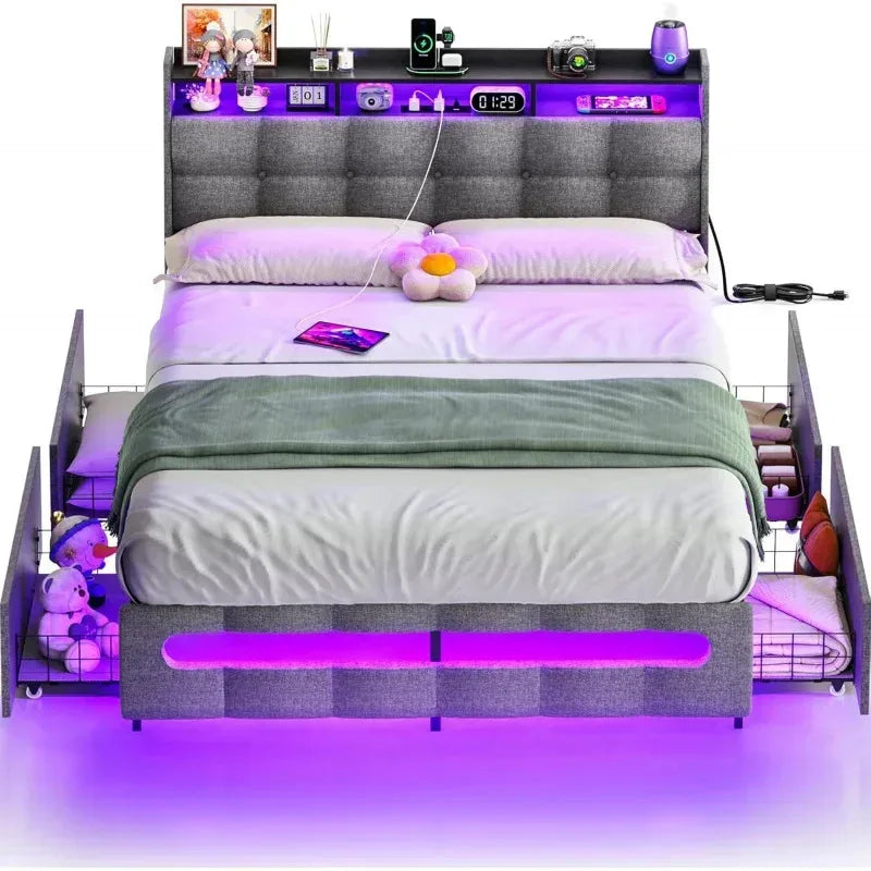 Ljustra Upholstered Full Bed Frame with Storage Headboard and LED Light