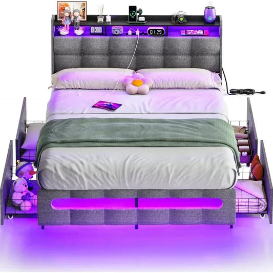 Ljustra Upholstered Full Bed Frame with Storage Headboard and LED Light