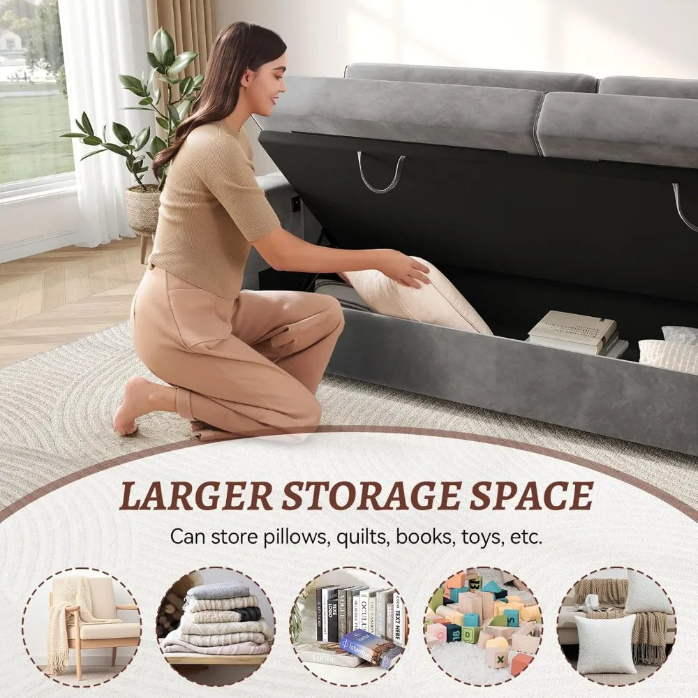 88 Inch Modern Velvet Recliner Sofa with Storage and Charging Ports