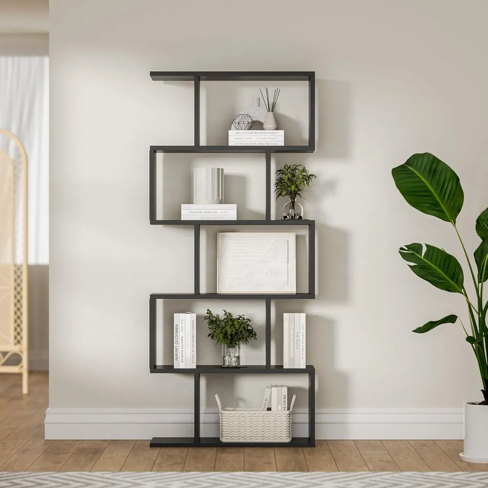 Black 5-Tier Geometric Bookcase S-Shaped Modern Bookshelf Set of 2