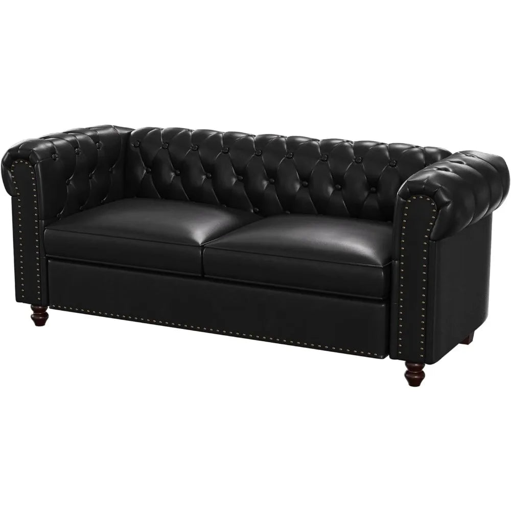 Chesterfield Faux Leather Sofa 72” Couch Tufted Rolled Arms for Living Room