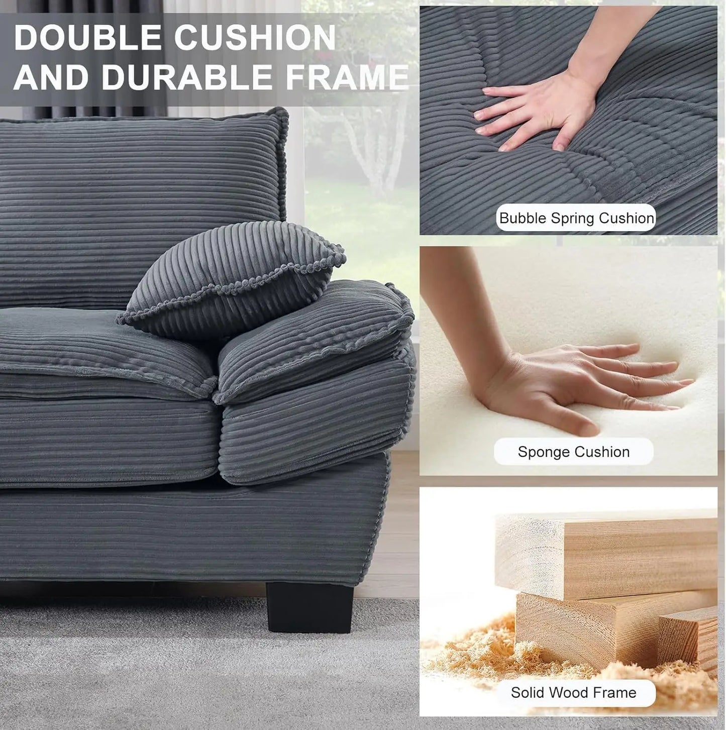 90" Oversized Corduroy Loveseat Sofa – Deep Seat Modern Couch with Pillows, Grey Upholstered Sofa