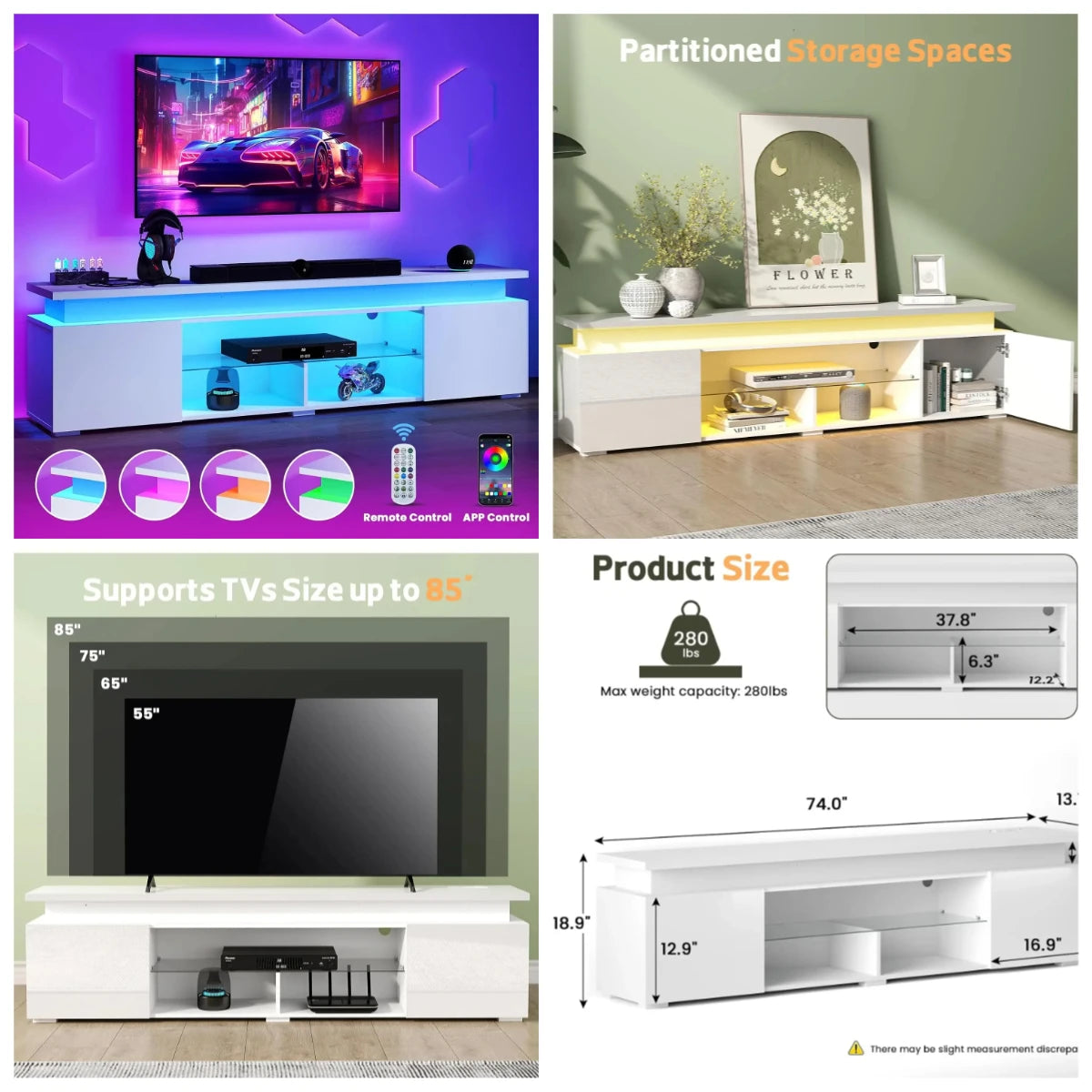 Sturdy Modern TV Stand for 85 Inch TVs with LED Lights and Power Outlet