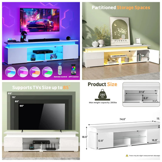 Sturdy Modern TV Stand for 85 Inch TVs with LED Lights and Power Outlet