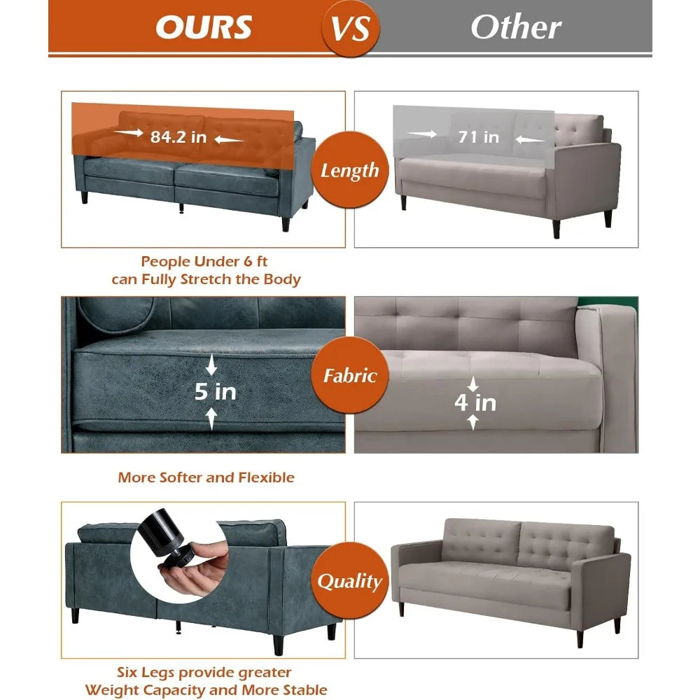 Ljustra Faux Leather Sofa 84 Inch Mid Century Modern Couch Blue