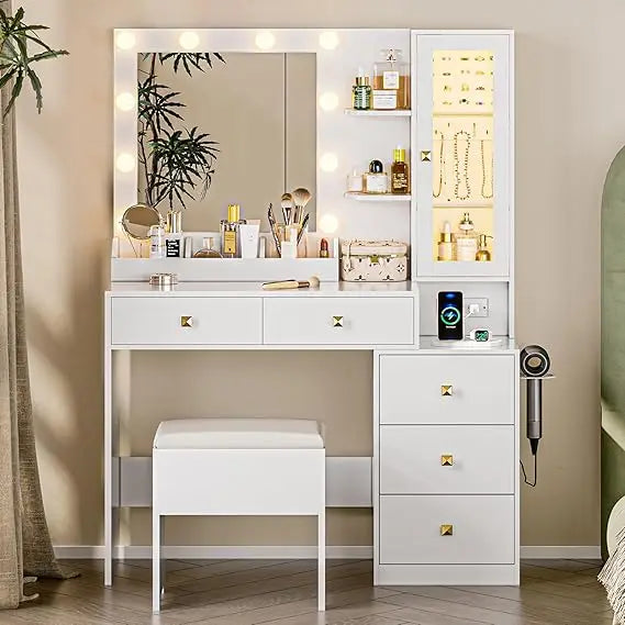 Vanity Desk with Mirror and RGB LED Lights 5 Drawers Jewelry Organizer