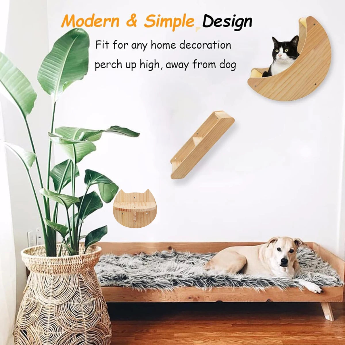 Cat Wall Shelf Moon Shaped Hammock Solid Wood Climbing Steps Indoor Furniture
