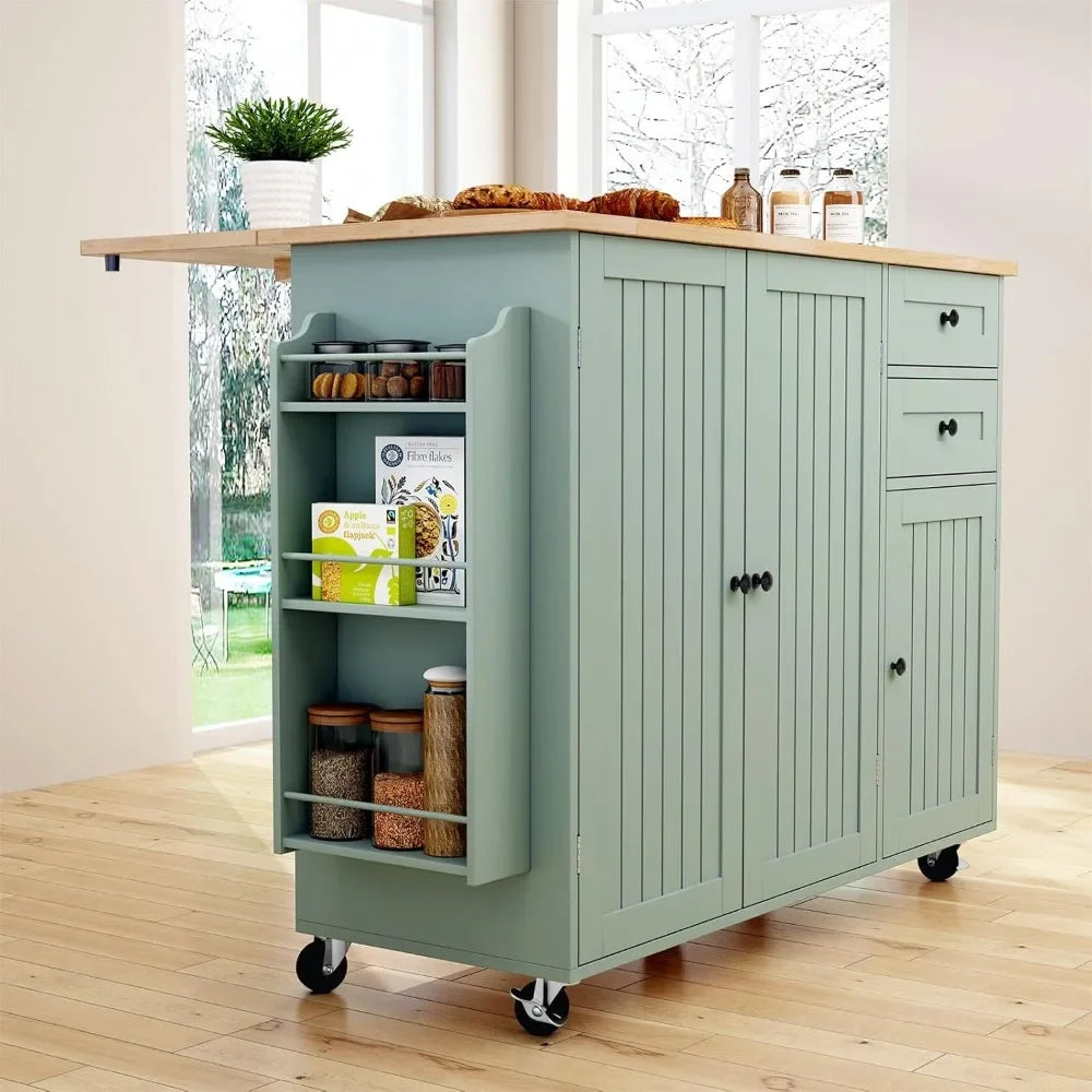 Rolling Kitchen Island with Storage Drop-Leaf Bar Countertop Modern Style