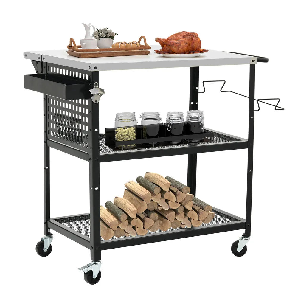 Outdoor Grill Cart Pizza Oven Table with Adjustable Shelf and Wheels