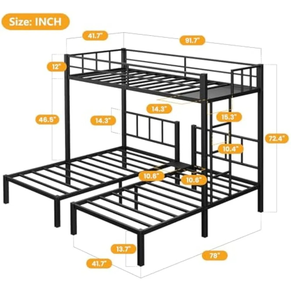 Heavy Duty Triple Bunk Bed Twin Over Twin Over Twin Metal Frame for 3