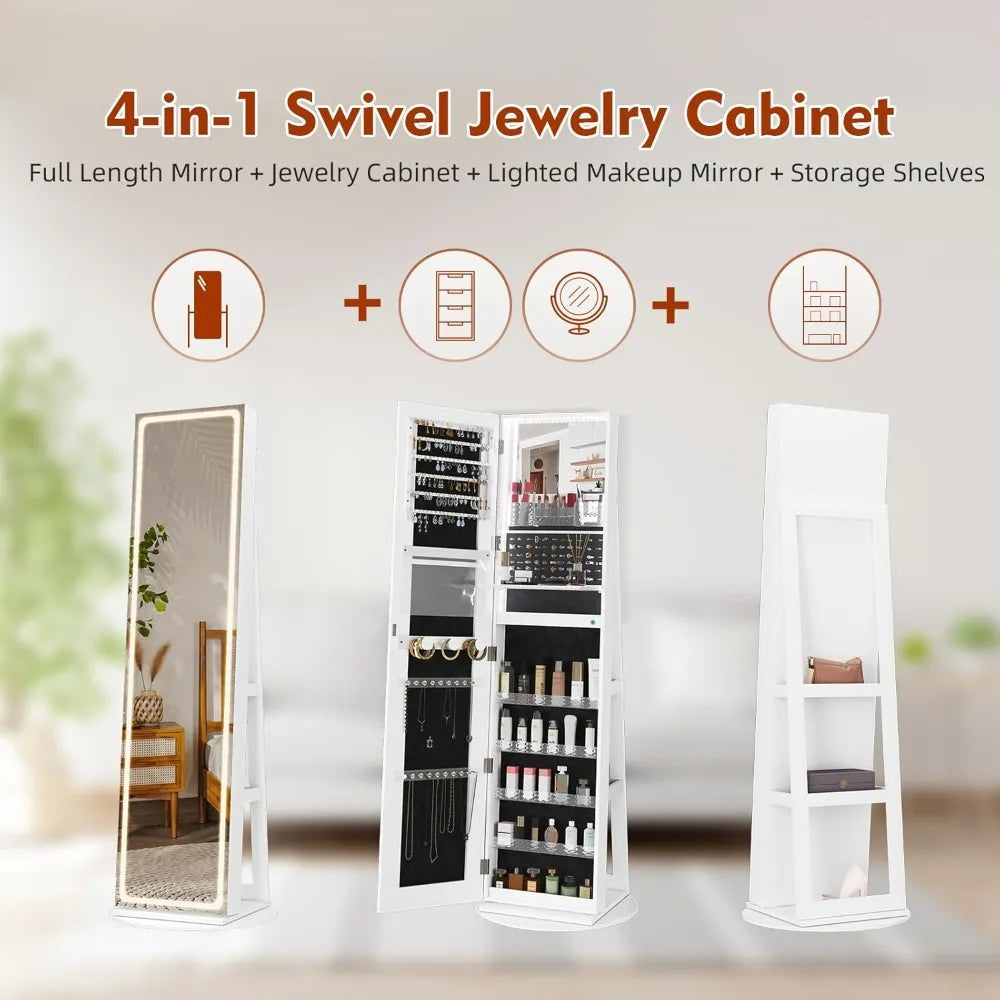 LED Mirror Jewelry Cabinet Full-Length Swivel Armoire with Lights