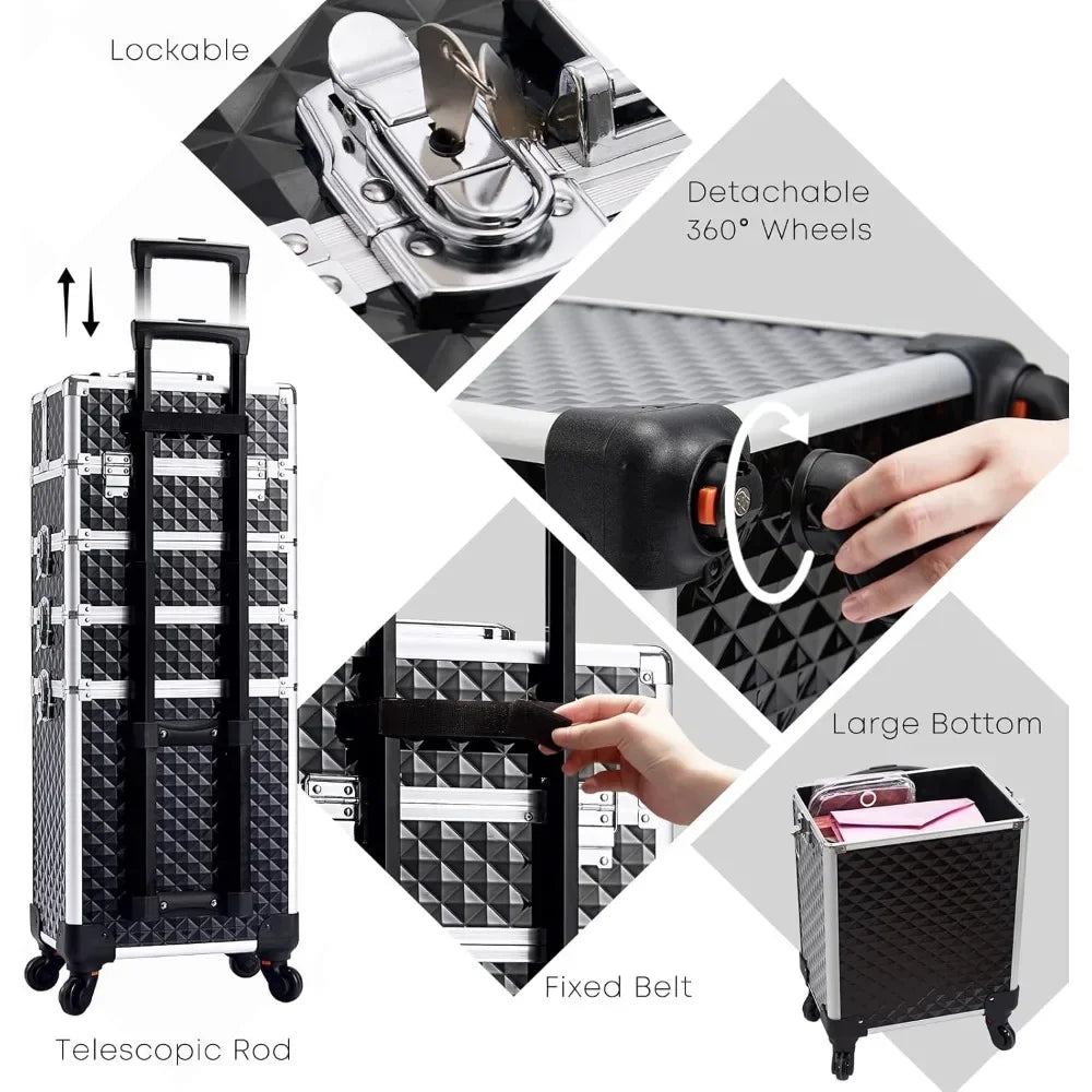 Ljustra Rolling Makeup Case with Wheels 4 in 1 Cosmetic Train Case