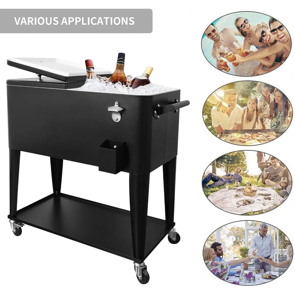 Portable Rolling Cooler Cart 80 Quart Outdoor Beverage Trolley