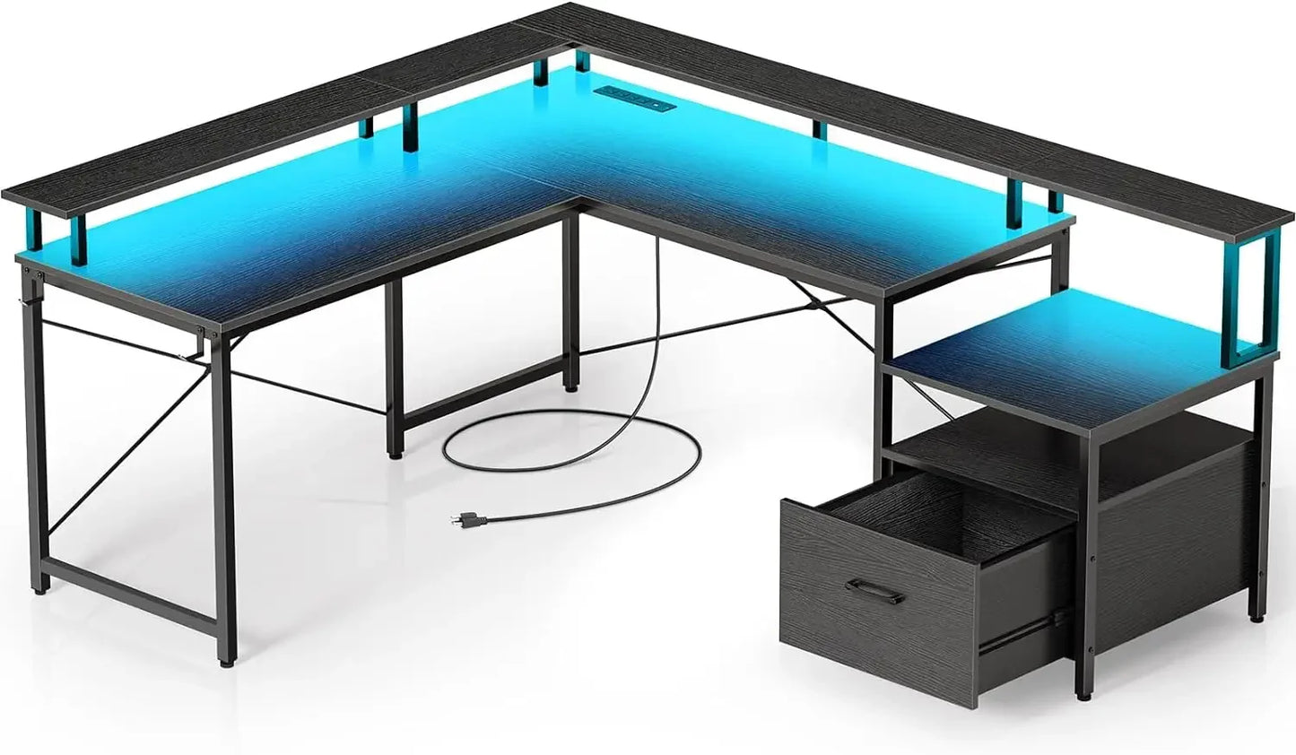 L Shaped Computer Desk with File Drawer Power Outlet LED Strip 64 Inch