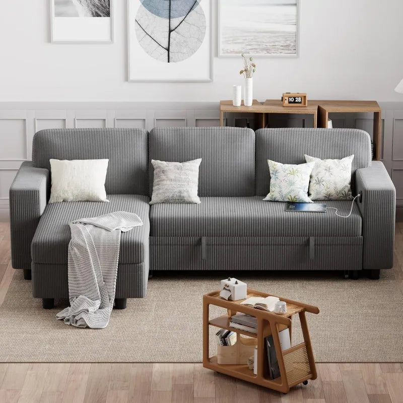 80 Inch Sleeper Sofa Couch with USB Charging Ports and Bookshelves
