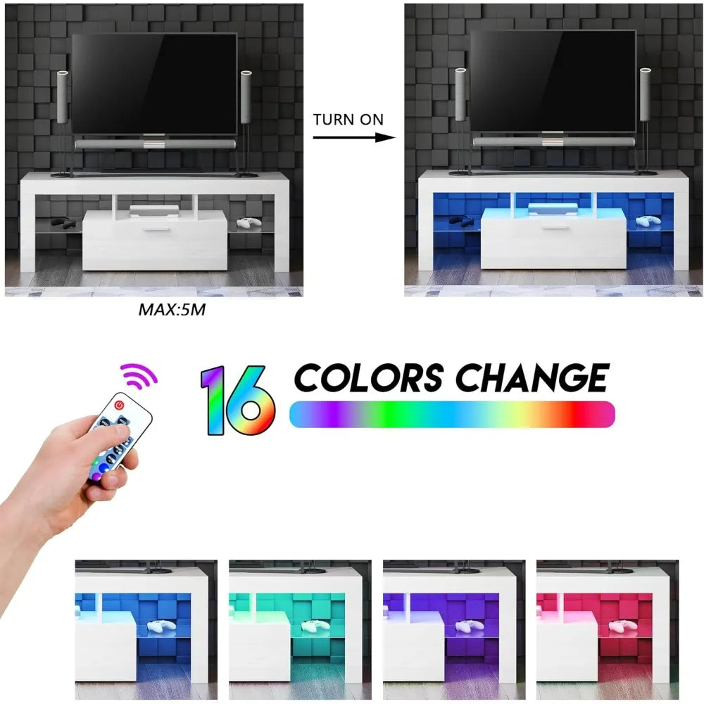 Modern White TV Stand with LED Lights for 32-55 Inch TVs Entertainment Center