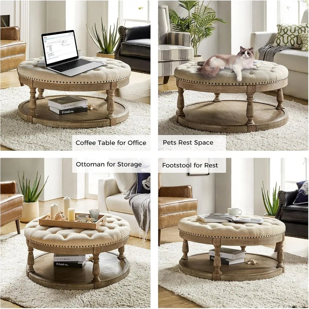Ljustra Large Round Ottoman Coffee Table with Storage and Legs