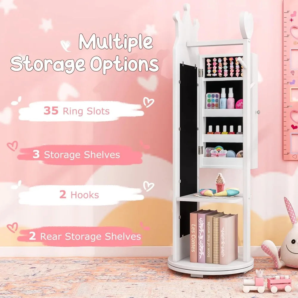 Kids Jewelry Armoire 360° Swivel Cabinet Full Length Mirror Garment Rack