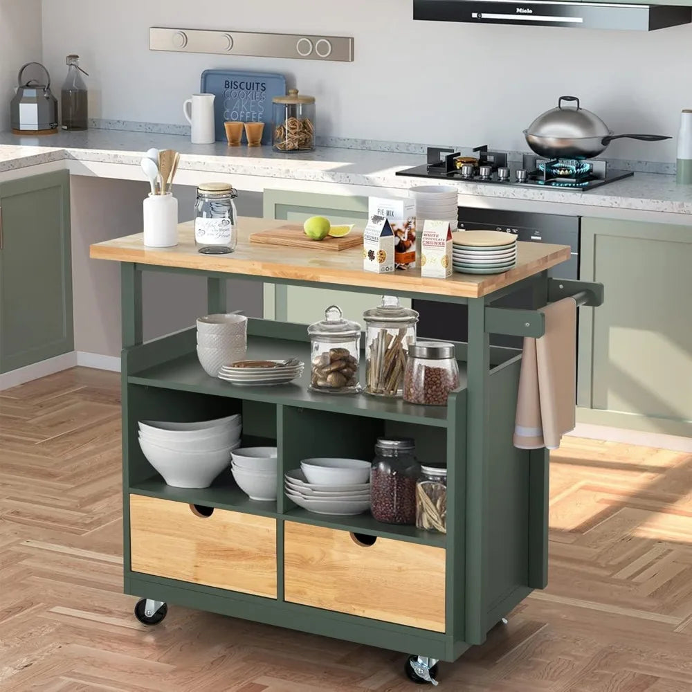 Kitchen Island Cart on Wheels Butcher Block Rolling Trolley Storage
