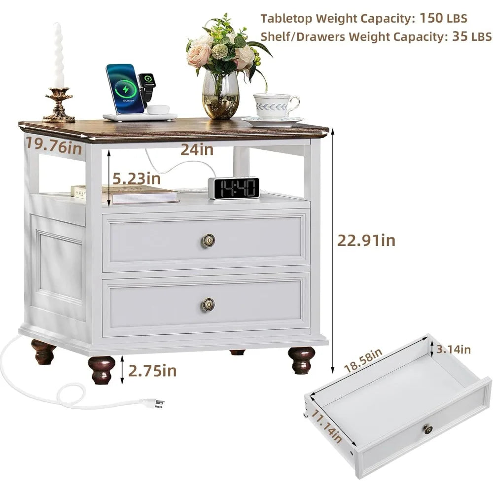 Farmhouse Nightstand with Charging Station 2 Drawers White End Table