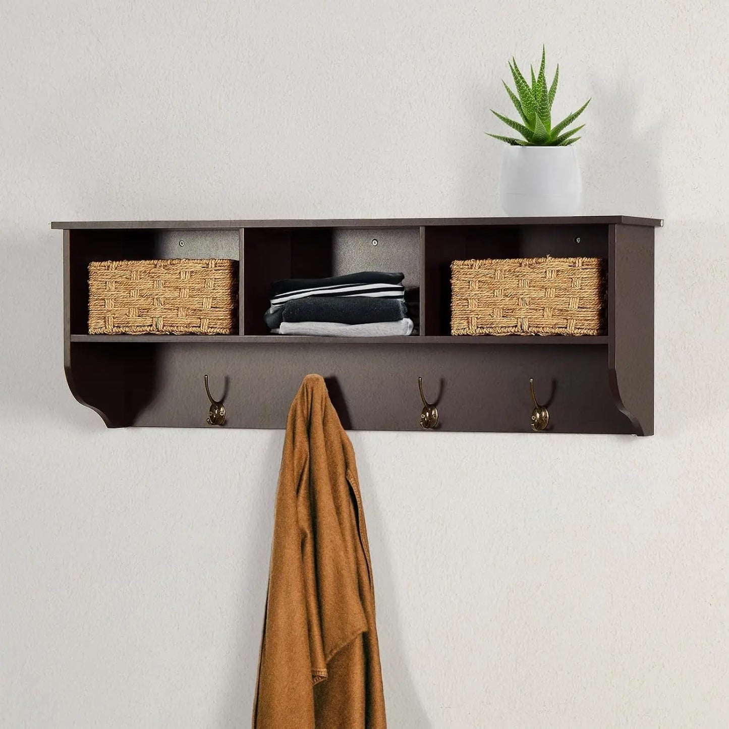 Contemporary Wall Mounted Coat Rack with Shelves and Hooks for Entryway