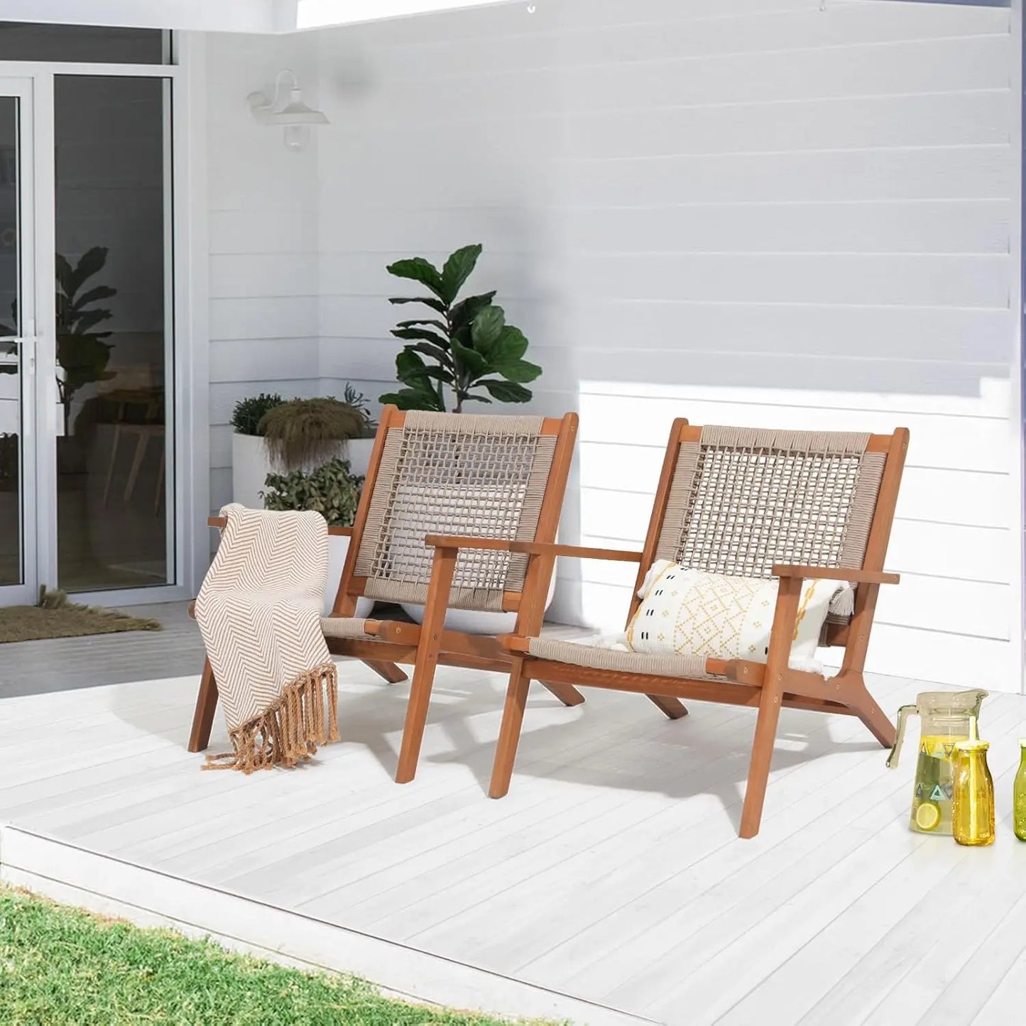Modern Acacia Wood Lounge Chair Set of 2 Accent Armchair Outdoor Indoor