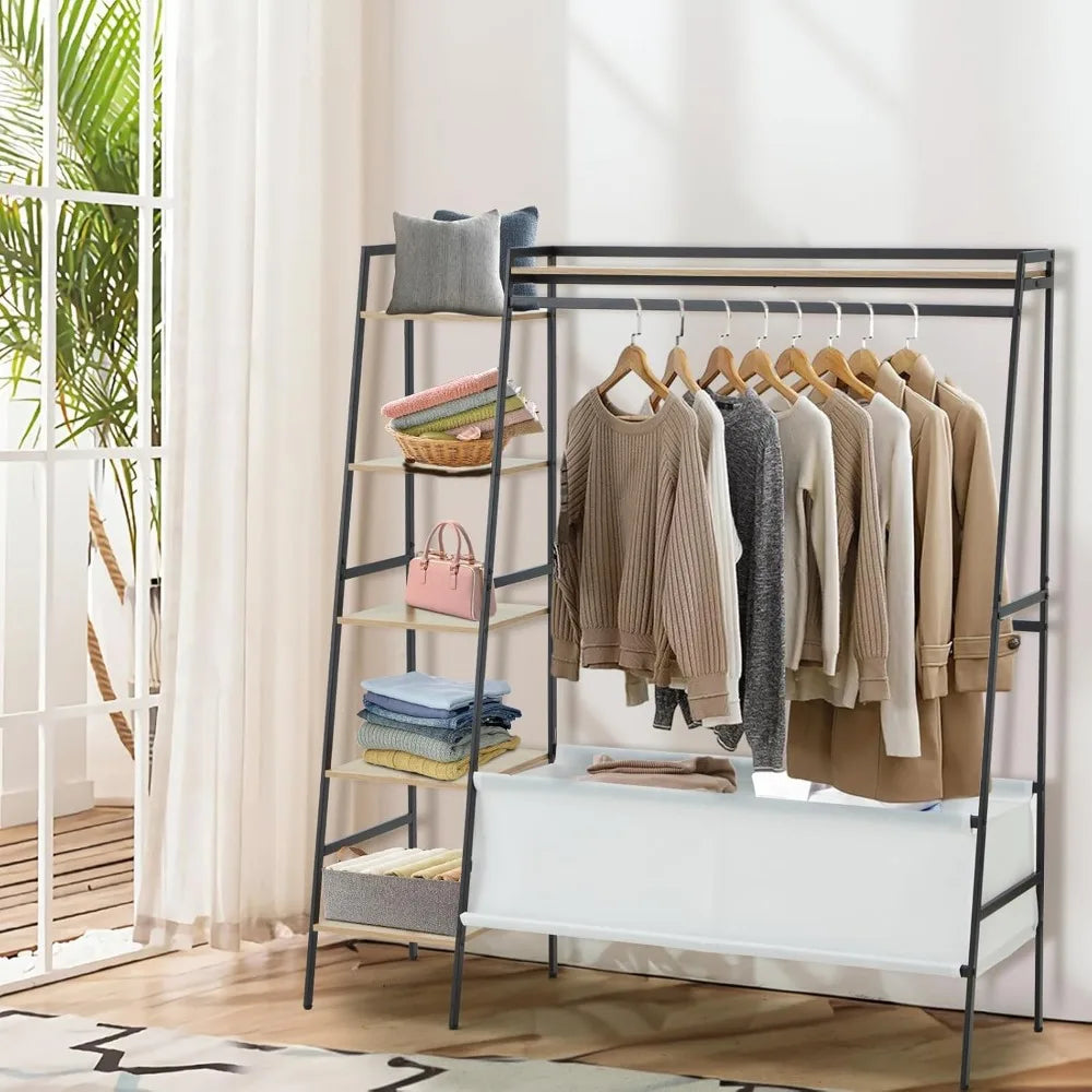 Modern Clothing Rack with Storage Shelves and Bag for Hanging Clothes
