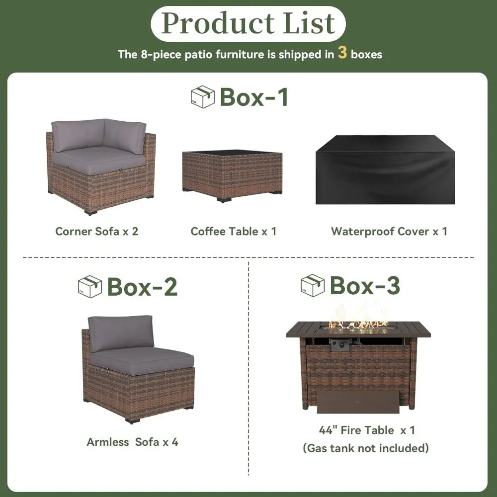 8-Piece Wicker Rattan Patio Furniture Set with Fire Pit Table and Cushions
