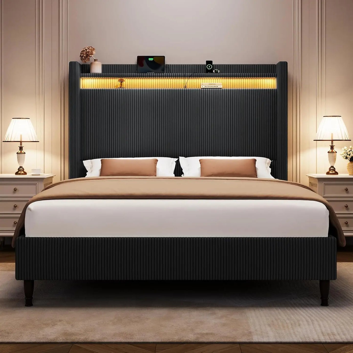 55.3 Inch Corduroy Upholstered Platform Bed Frame with LED USB Charging