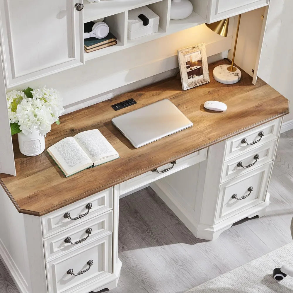 Farmhouse Executive Desk with Hutch Keyboard Tray Charging Station 59"