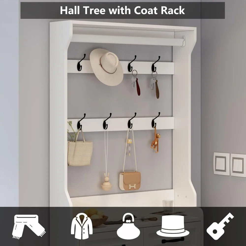 Hall Tree with Shoe Storage Farmhouse Entryway Coat Rack Organizer