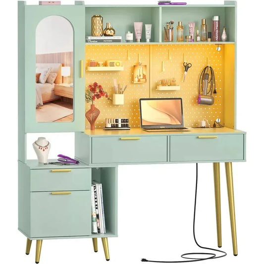 Ljustra 48 Inch Makeup Hutch Modern Charging Station and LED Vanity Table