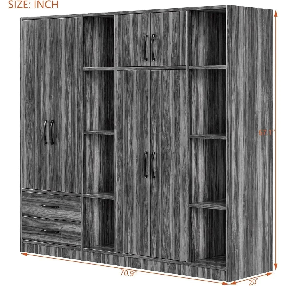 Large Wardrobe Armoire Closet 6 Doors 2 Drawers Freestanding Cabinet