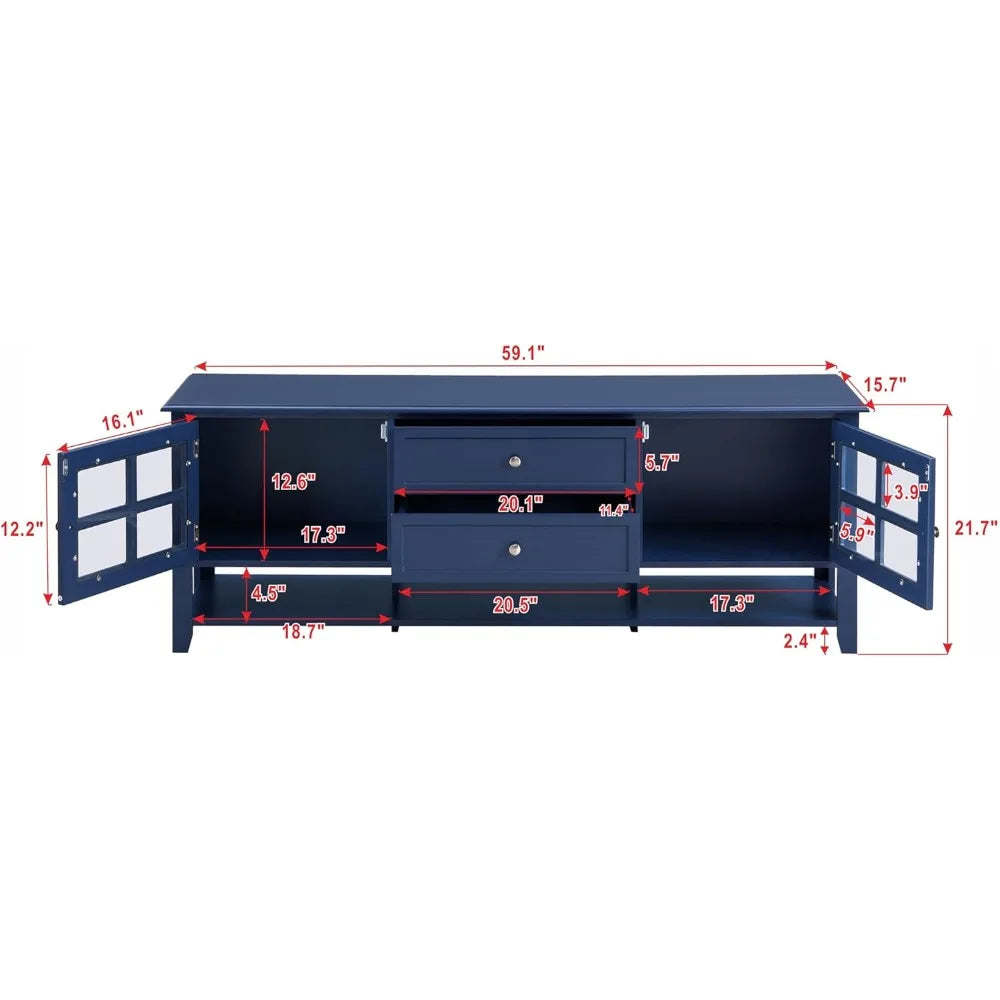 Mid-Century Modern TV Stand with Glass Doors and Drawers for 65 Inch TVs