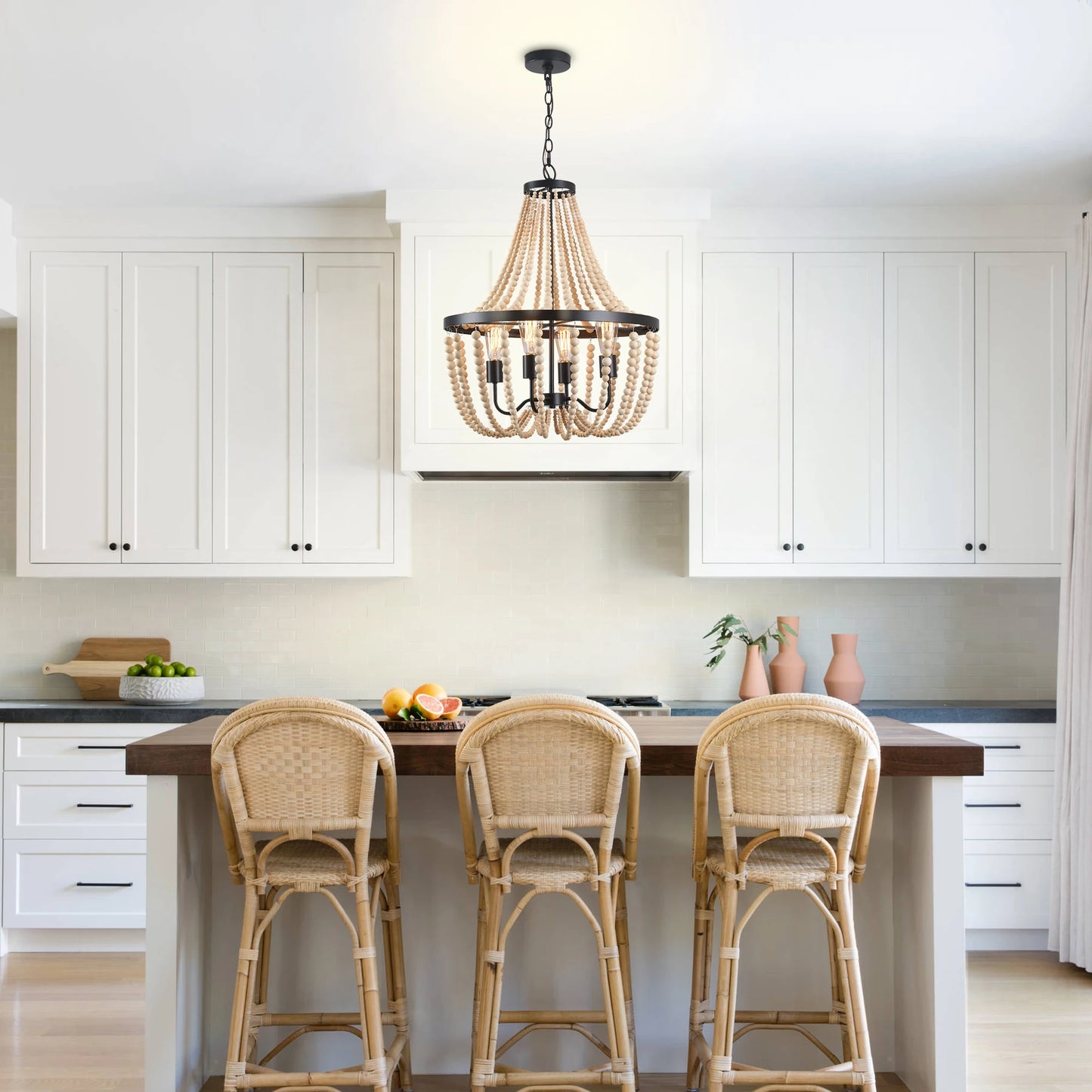 Modern Boho Wood Bead Chandelier Dimmable High Ceilings Bedroom Hall