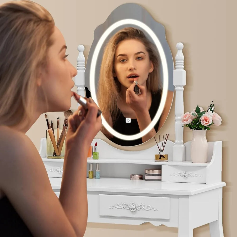 Modern Vanity Desk Set with Mirror Lights Makeup Table 4 Drawers