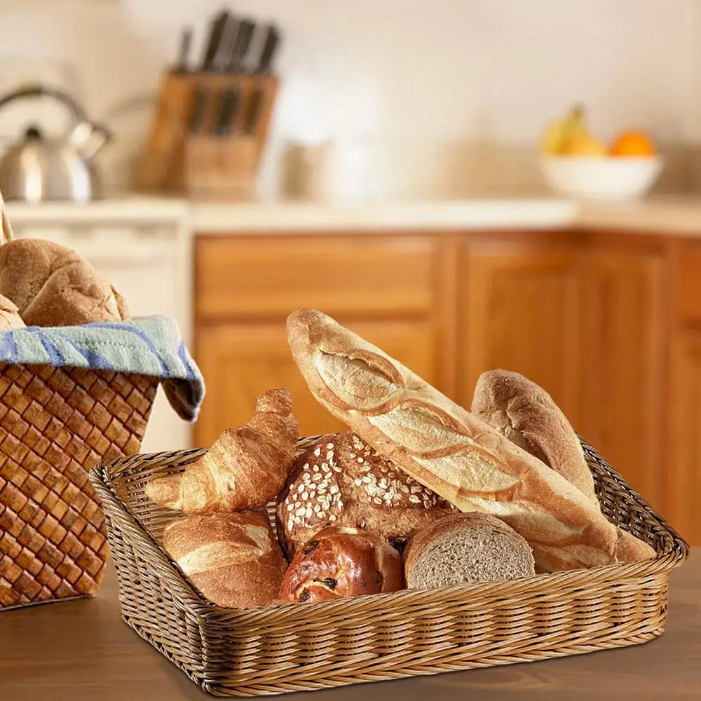 Rectangular Rattan Serving Tray Wicker Storage Basket With Handles