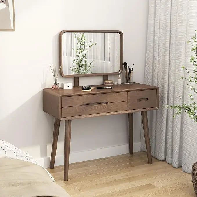 Solid Wood Makeup Vanity Desk with Adjustable LED Mirror Lighting