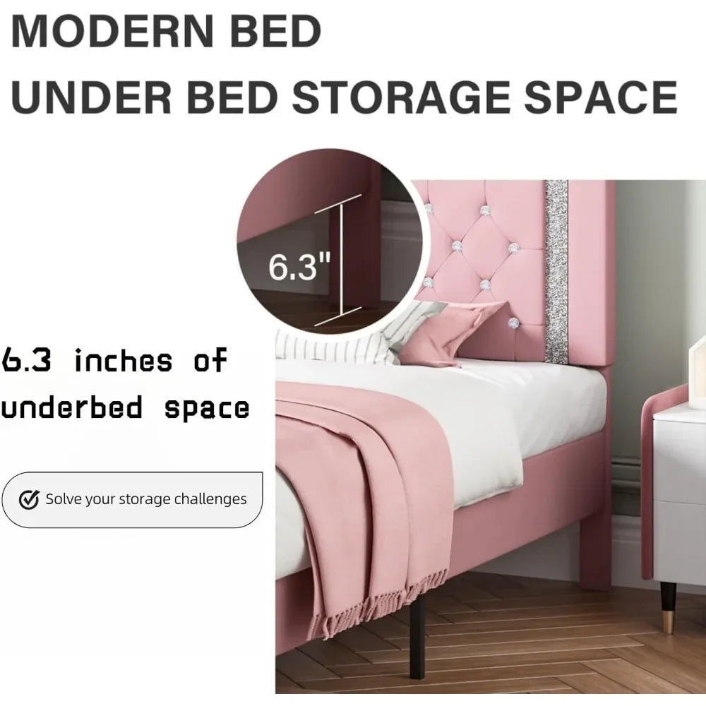 Upholstered Platform Bed Frame with Tufted Headboard and Storage