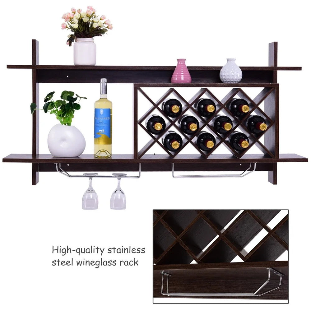 Stylish Wine Rack Wall Mount with Glass Holder Storage Shelf Organizer