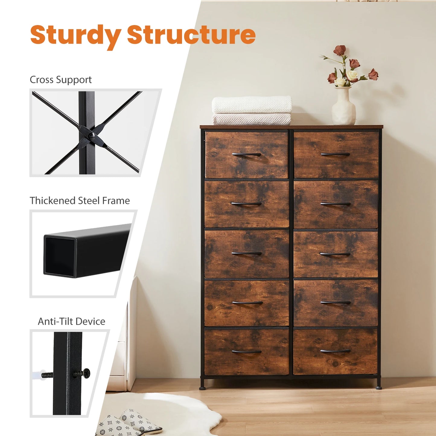 Ljustra Bedside Table with 10 Fabric Drawers Steel Frame Storage Unit