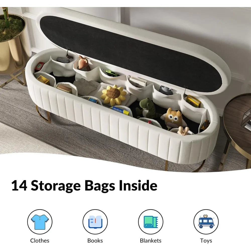 55.5 Inch Velvet Storage Ottoman Bench with Gold Legs Modern Design