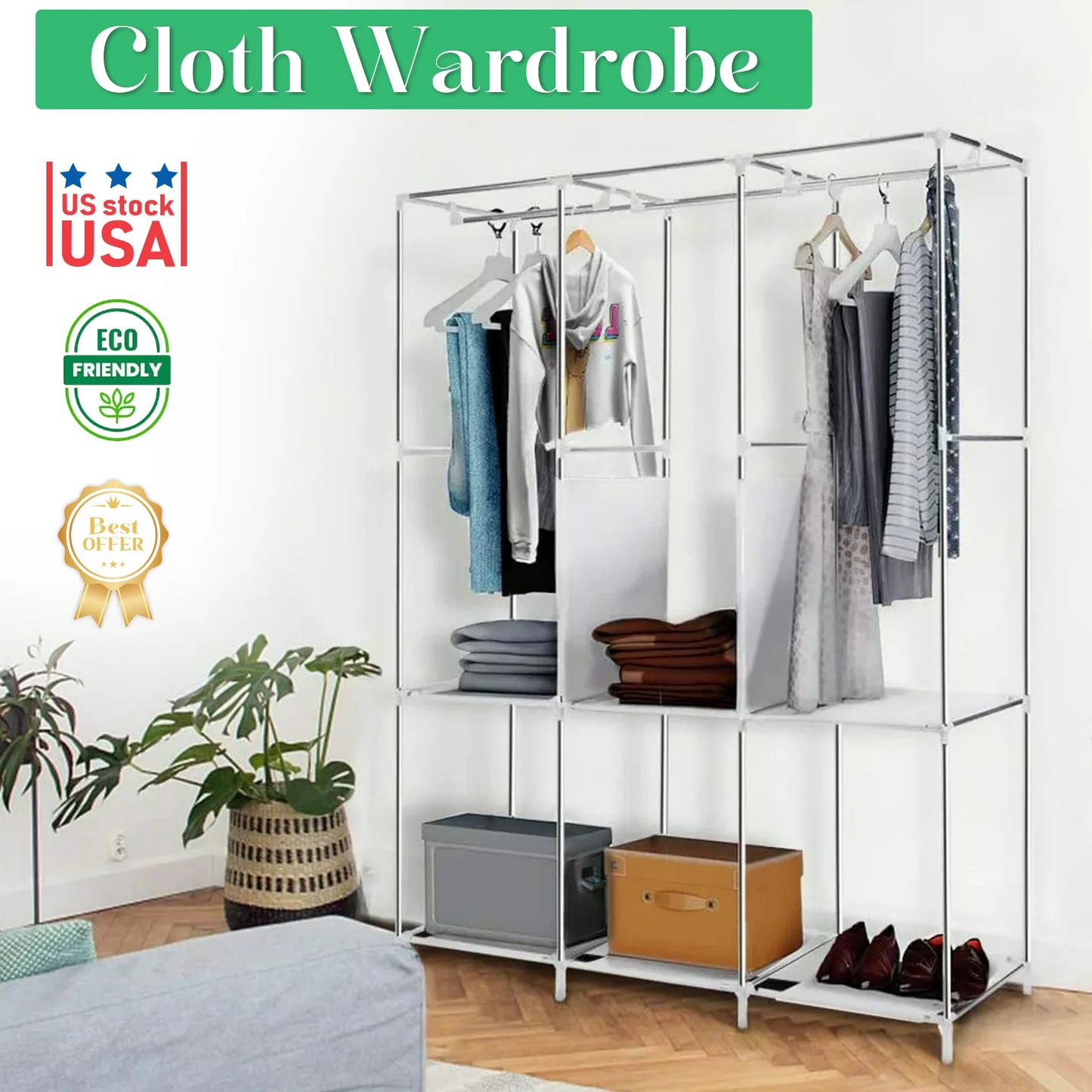 Portable Closet Organizer Rack Clothes Storage Shelf Easy Assembly