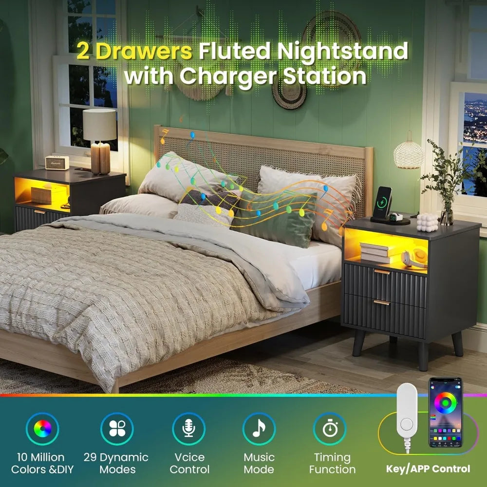 Fluted Nightstand Set of 2 with Charging Station Modern Bedside Table