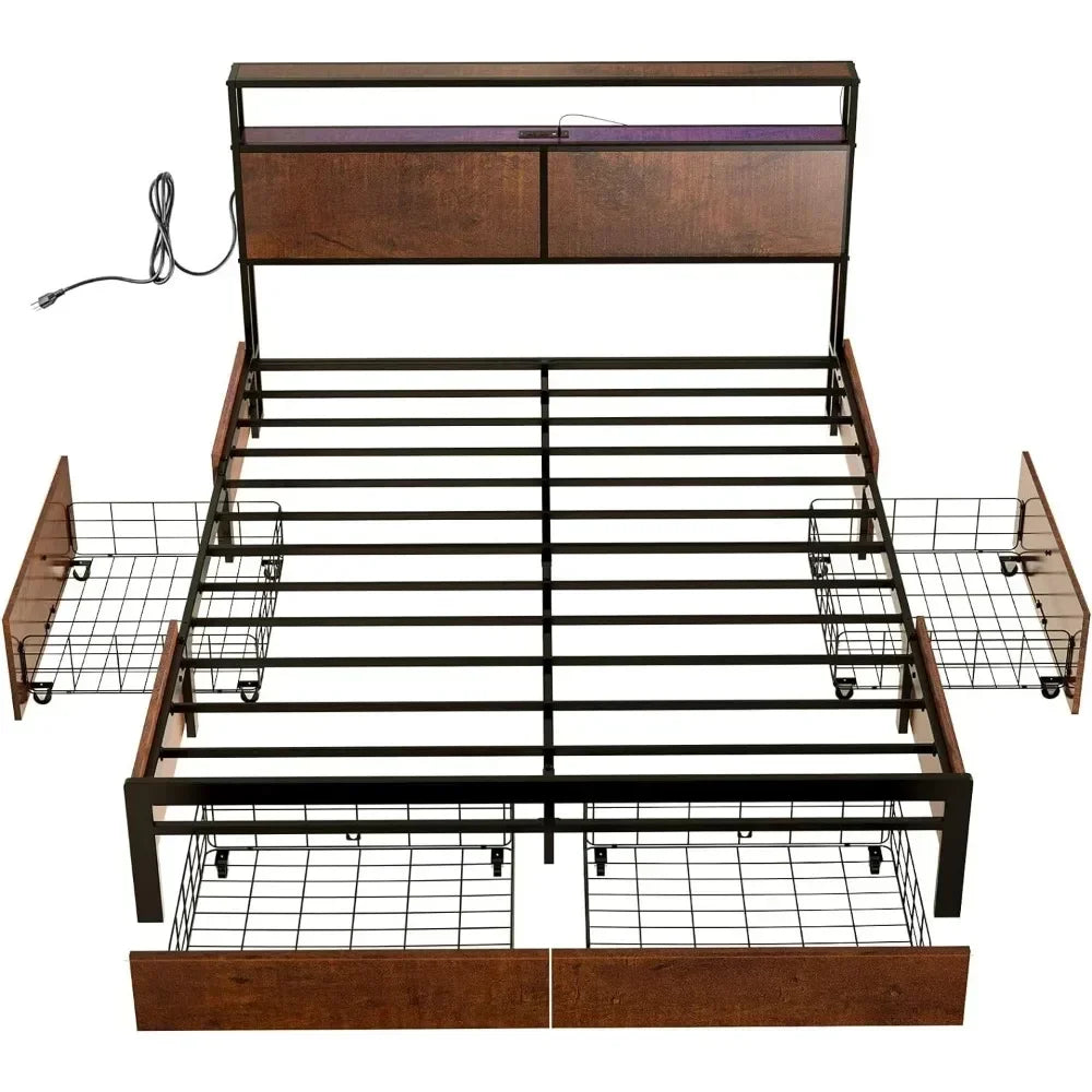 Queen Bed Frame with Storage Headboard 4 Drawers LED Lights Platform