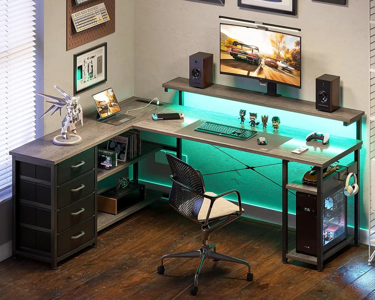 61 Inch L Shaped Desk with Drawer Power Outlets LED Lights Home Office