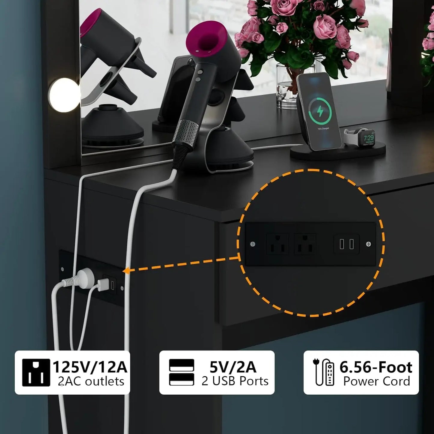 Vanity Desk Lighted Mirror with Power Outlet and 6 Drawers Makeup Table