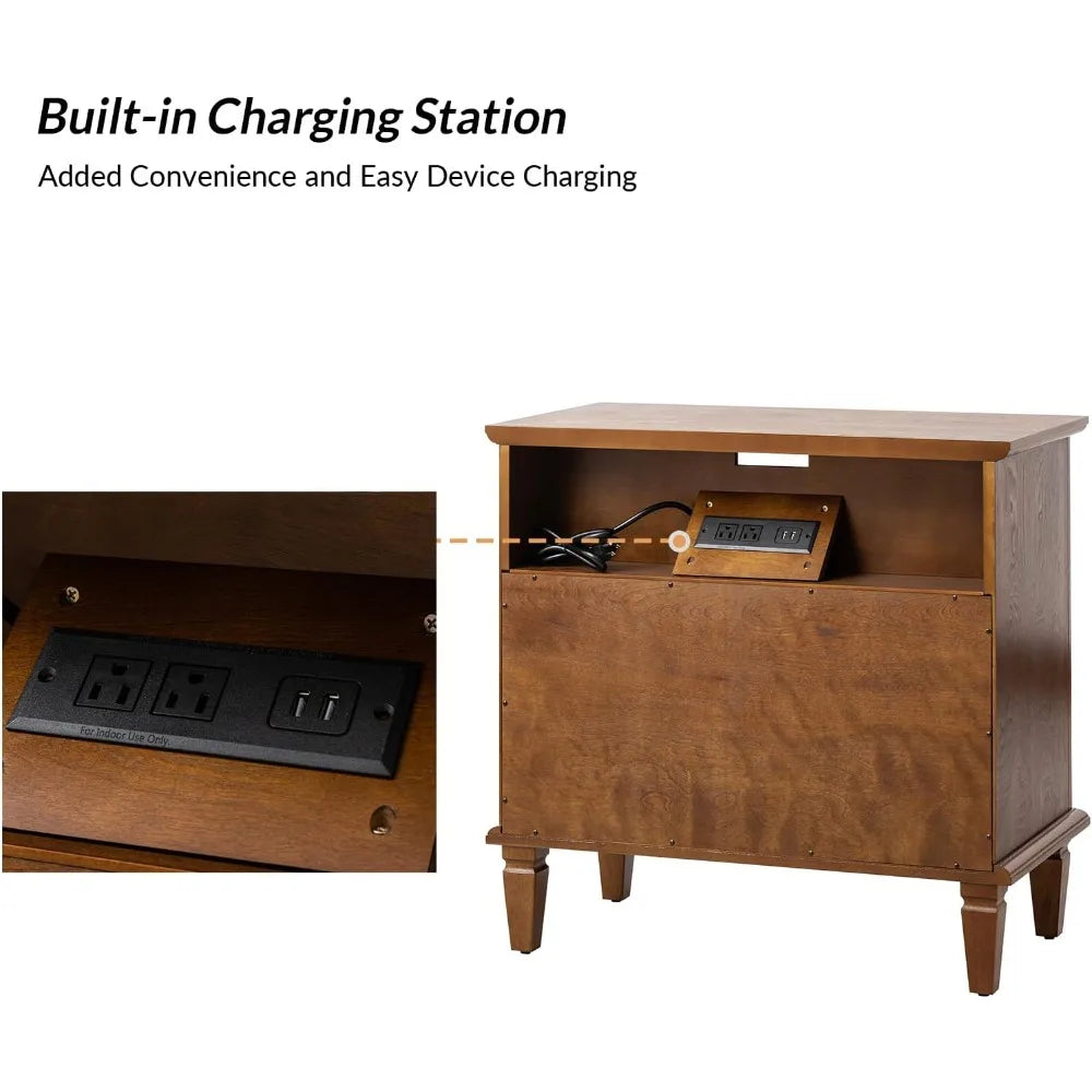 Farmhouse Nightstand Set of 2 with Charging Station USB Ports and Outlets