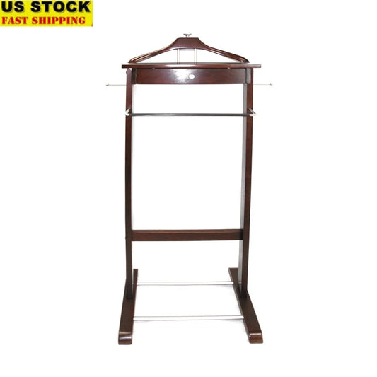 Elegant Dark Walnut Dresser Valet Stand with Drawer Satin Nickel Hardware